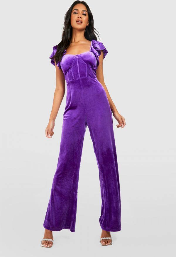 boohoo Fluwelen Jumpsuit Met Geplooide Mouwen En Korset Detail, Purple