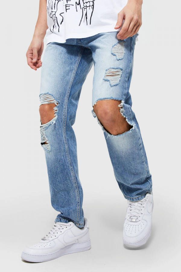 boohoo Gebleekte Jeans Met Rechte Pijpen En Gescheurde Knieë, n, Light Blue