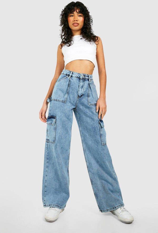 boohoo Gebleekte Mid Rise Cargo Jeans Met Rechte Pijpen, Washed Blue