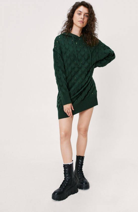 boohoo Gebreide Mini Trui Jurk Met Capuchon, Bottle Green
