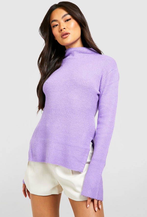 boohoo Gebreide Trui Met Hoge Kraag En Wijde Mouwen, Purple
