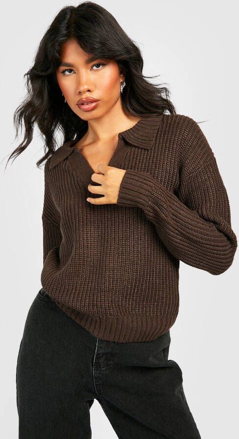 boohoo Gebreide Vissers Trui Met Polo Kraag, Brown