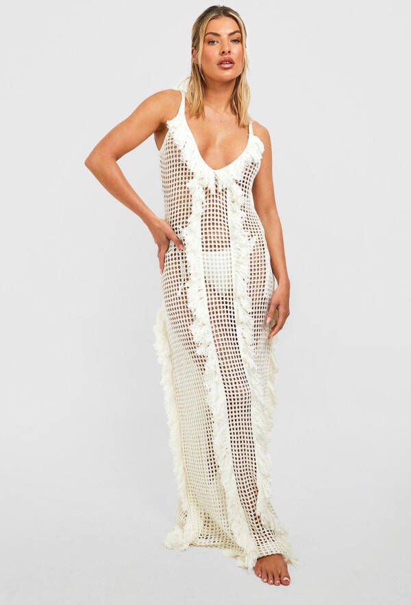 boohoo Gehaakte Gerafelde Cover Up Strand Maxi Jurk, Cream