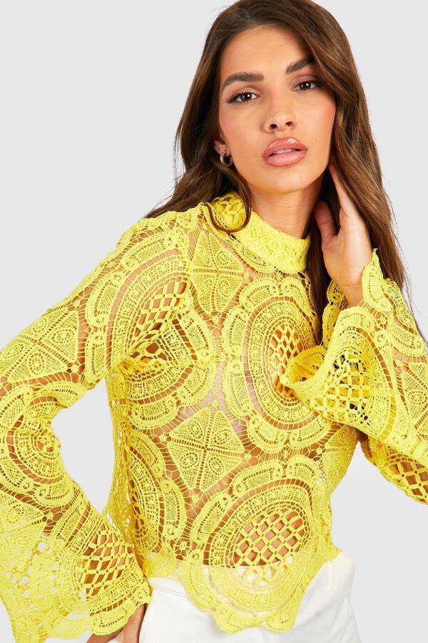 boohoo Gehaakte Kanten Crop Top Met Col, Lemon