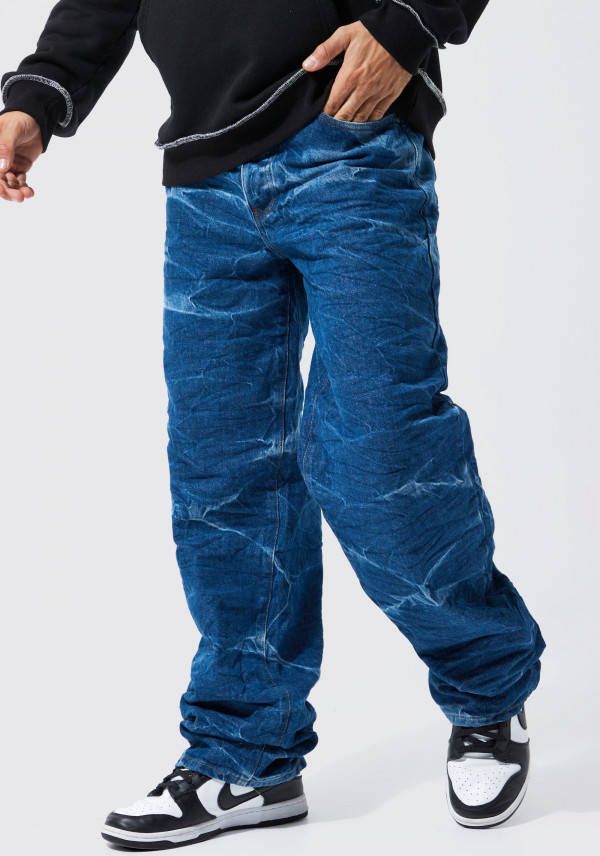 boohoo Gekreukelde Baggy Jeans, Mid Blue