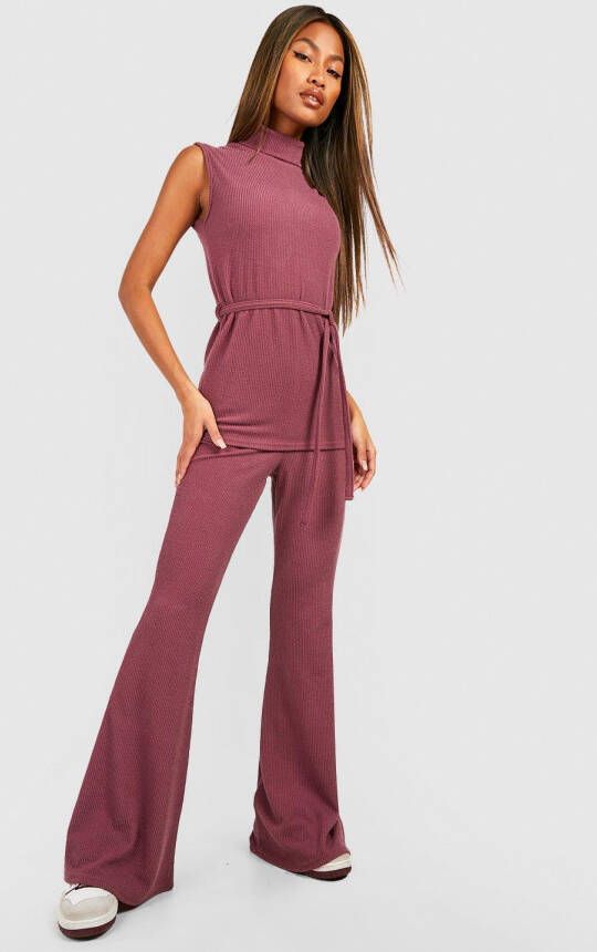 boohoo Gekreukelde Geribbelde Broek Met Wijde Pijpen, Plum