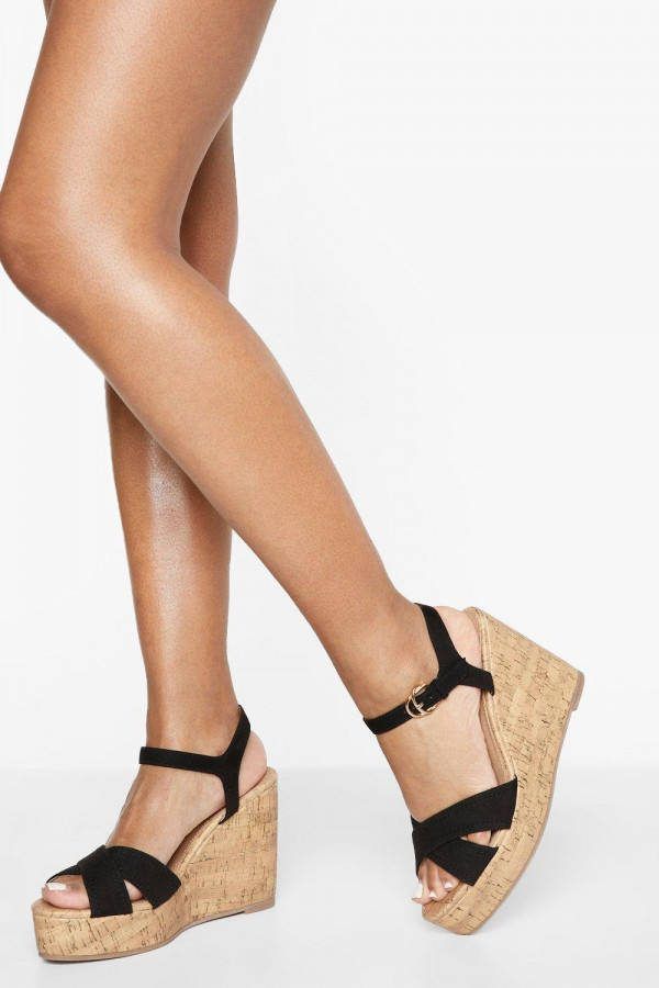 boohoo Gekruiste Tweedelige Kurken Sleehakken, Black