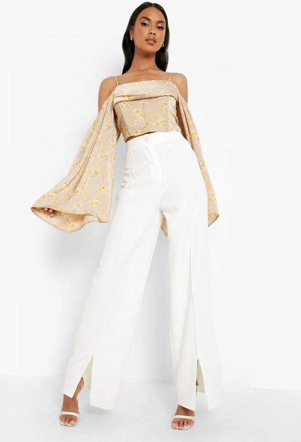 boohoo Gelegenheids Bloemen Korset Top Met Wijde Mouwen, Stone