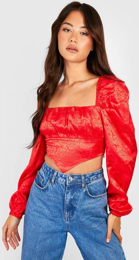 boohoo Geplooid Jacquard Bloemen Korset Met Lange Mouwen, Red