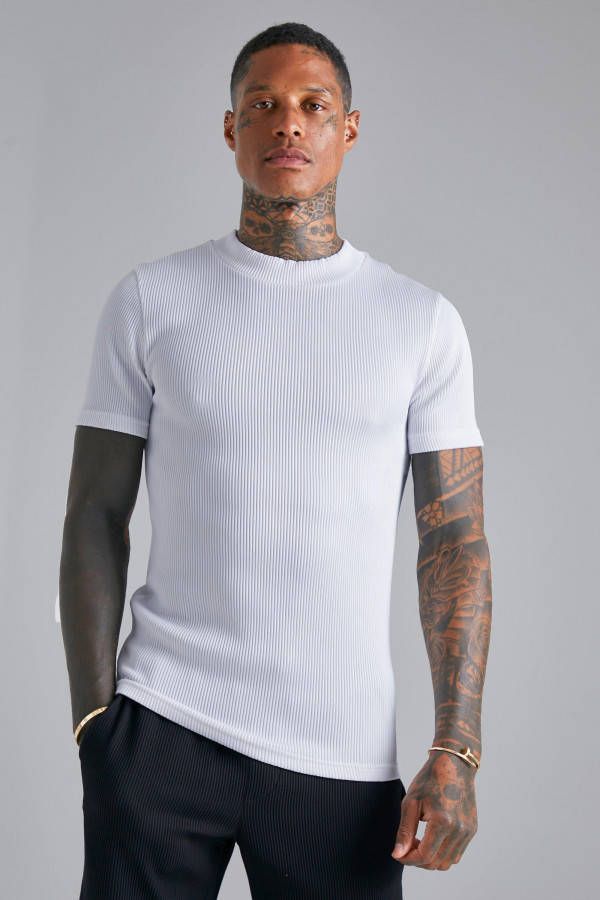 boohoo Geplooid Muscle Fit T Shirt Met Brede Nek, White