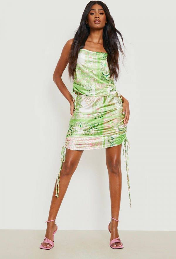boohoo Geplooid Satijnen Sjaal Print Hemdje En Midi Rok, Lime