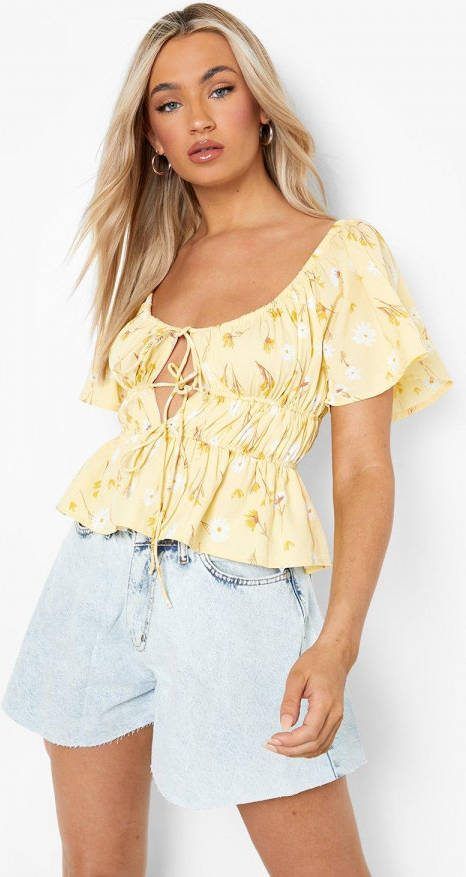 boohoo Geplooide Bloemen Top, Lemon