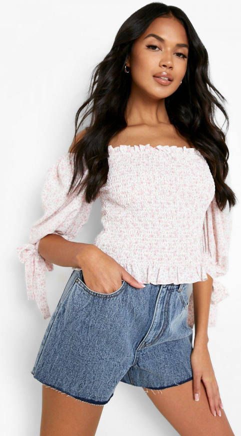 boohoo Geplooide Bloemen Top Met Pofmouwen, Pink