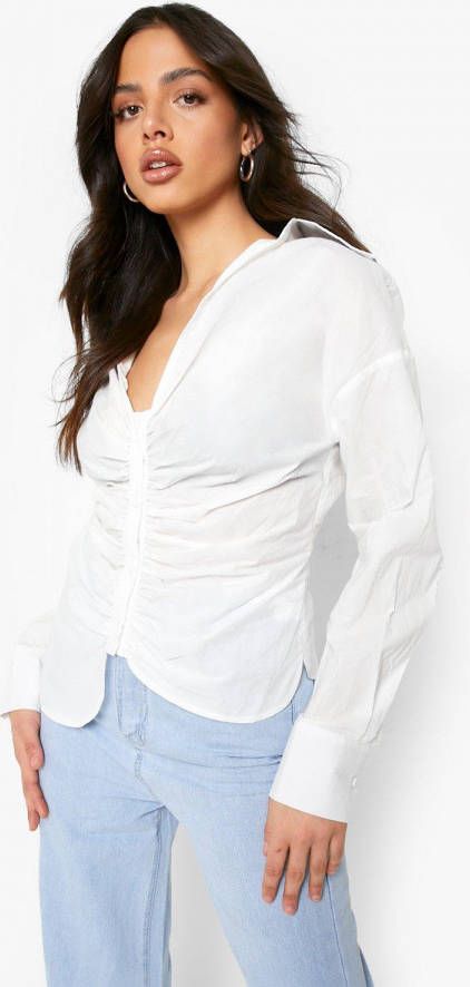 boohoo Geplooide Blouse Met Knopen, White