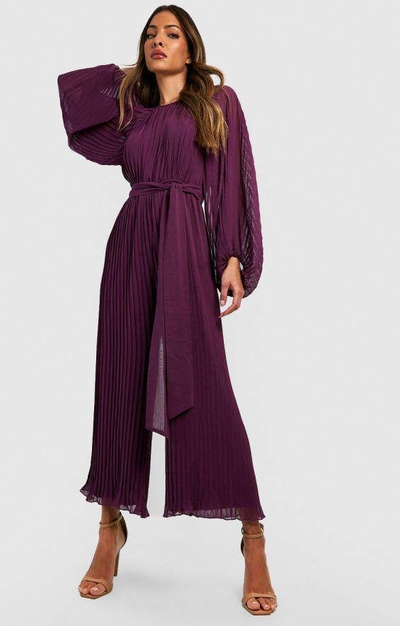 boohoo Geplooide Culotte Jumpsuit Met Lange Mouwen, Purple