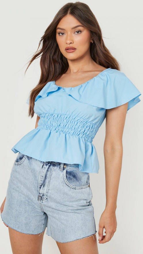 boohoo Geplooide Katoenen Poplin Top Met Pofmouwen, Light Blue