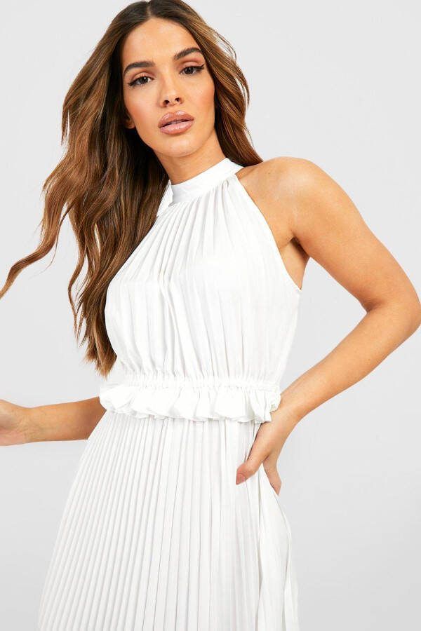 boohoo Geplooide Maxi Jurk Met Hoge Hals, Cream