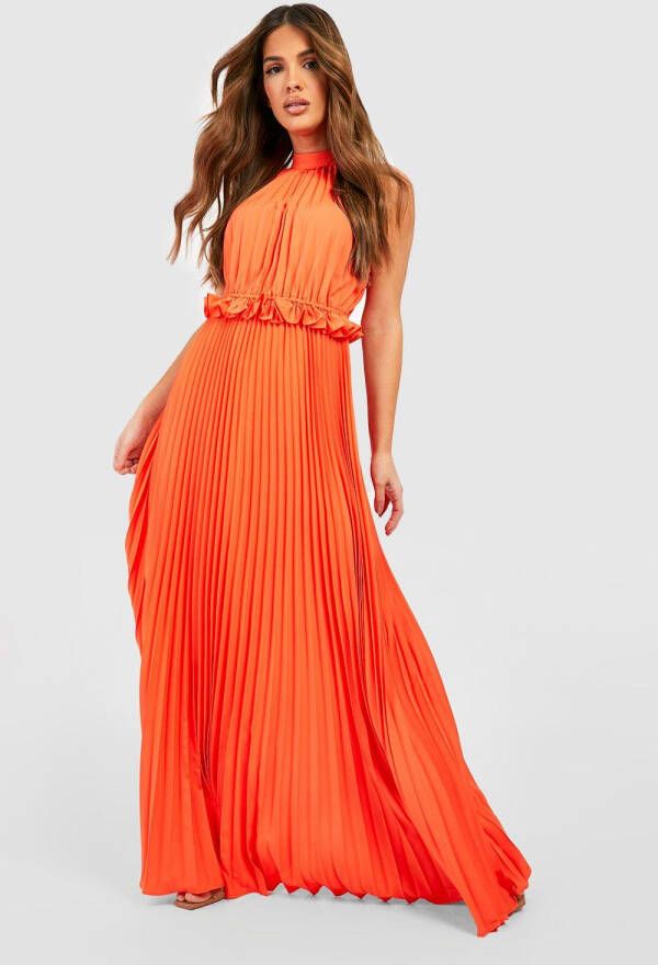boohoo Geplooide Maxi Jurk Met Hoge Hals, Orange
