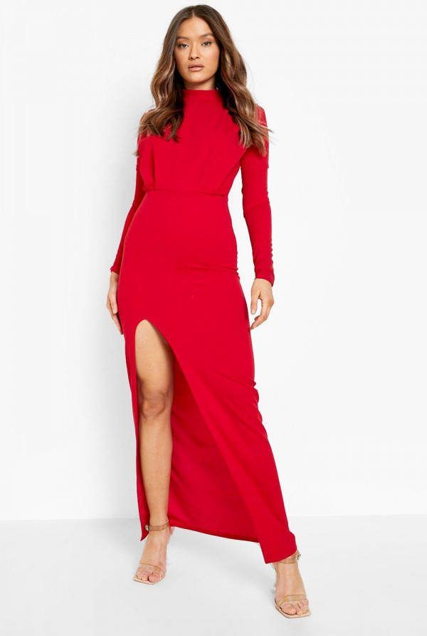 boohoo Geplooide Maxi Jurk Met Hoge Hals, Red