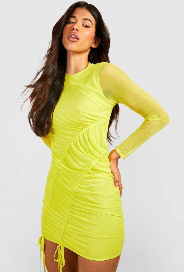 boohoo Geplooide Mesh Mini Jurk, Yellow