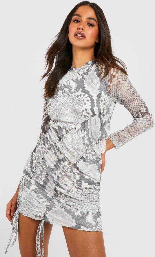 boohoo Geplooide Mesh Slangenprint Mini Jurk, Grey