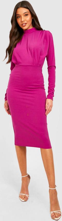 boohoo Geplooide Midi Jurk Met Hoge Hals, Purple