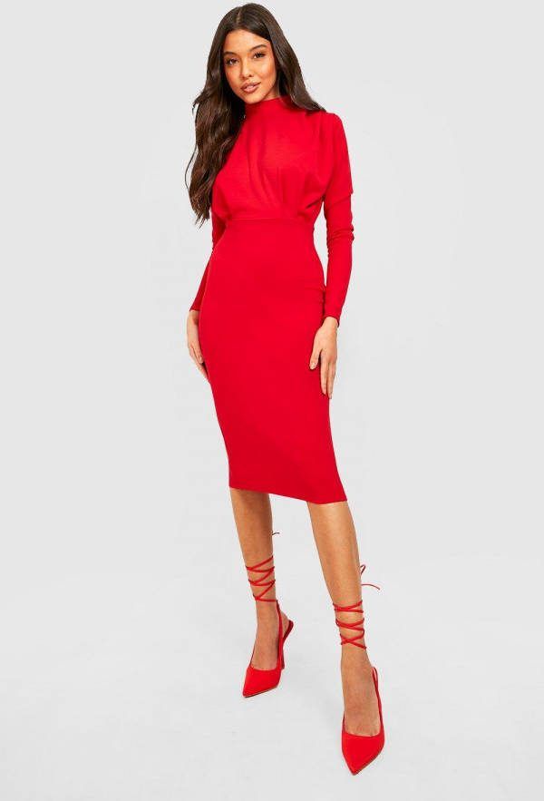 boohoo Geplooide Midi Jurk Met Hoge Hals, Red