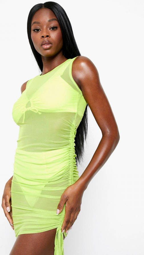 boohoo Geplooide Neon Mesh Mini Strand Jurk, Neon Yellow
