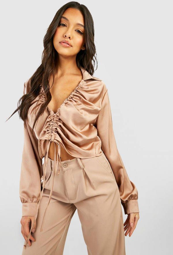 boohoo Geplooide Satijnen Blouse, Camel