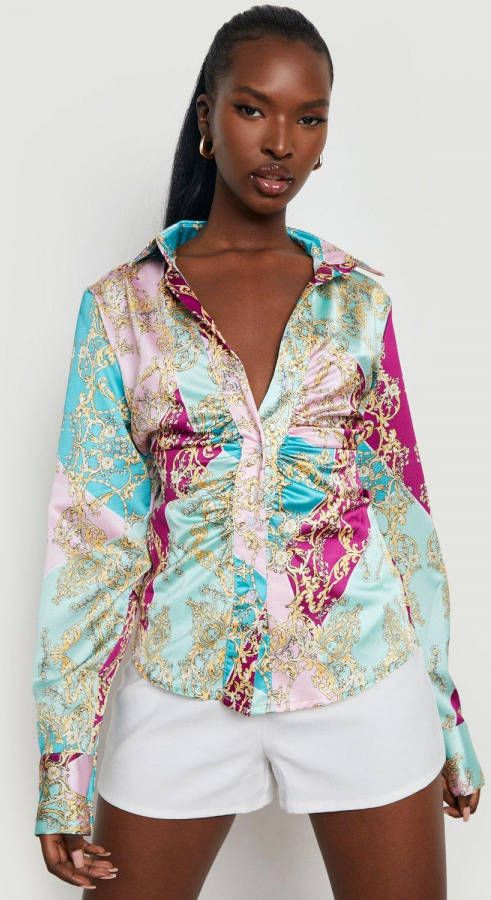 boohoo Geplooide Satijnen Kettingprint Blouse, Multi