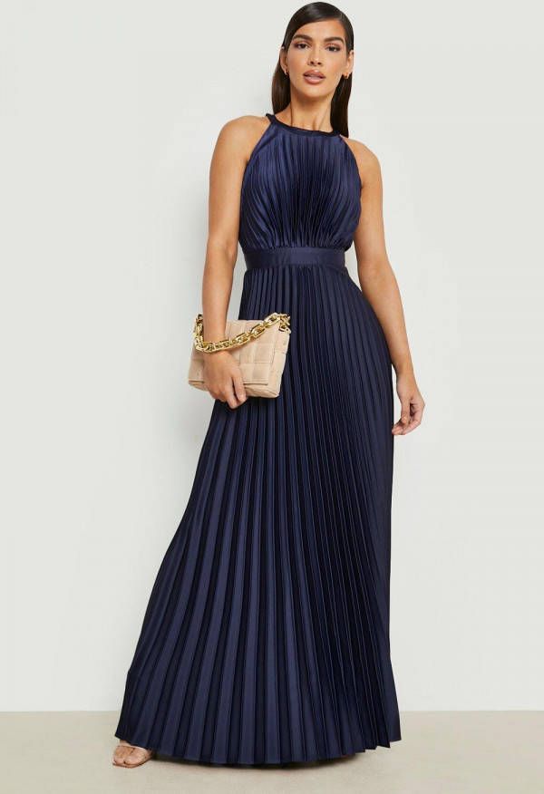 boohoo Geplooide Satijnen Maxi Jurk Met Hoge Hals, Navy