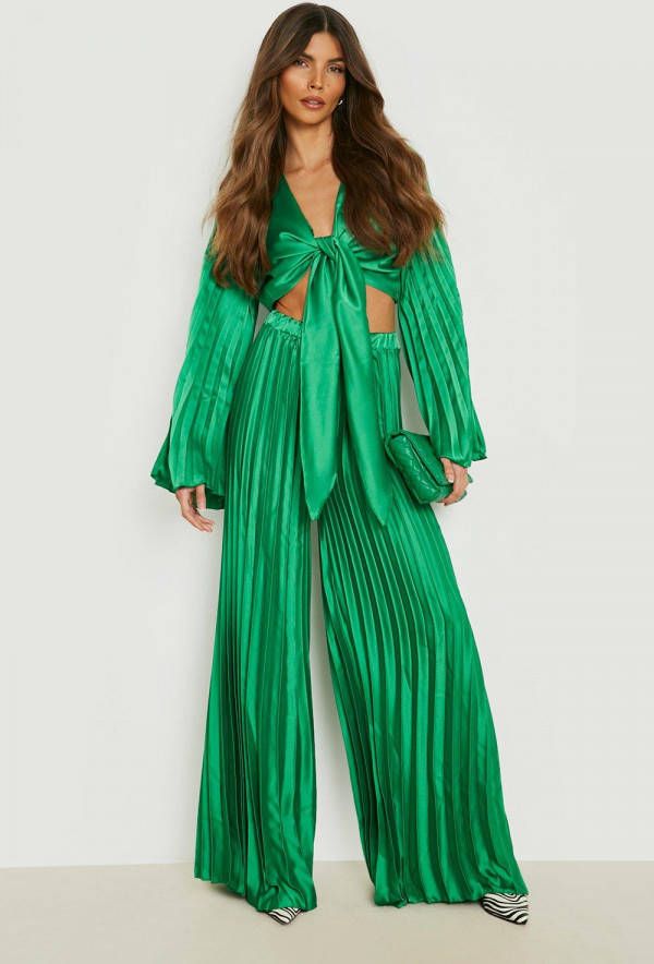 boohoo Geplooide Satijnen Wide Leg Broek, Bright Green