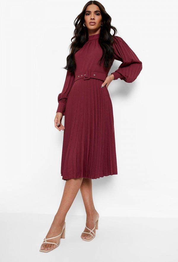 boohoo Geplooide Skater Jurk Met Ceintuur En Hoge Hals, Berry