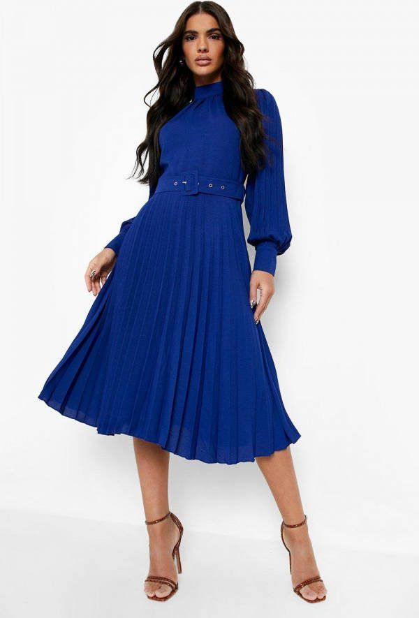 boohoo Geplooide Skater Jurk Met Ceintuur En Hoge Hals, Cobalt