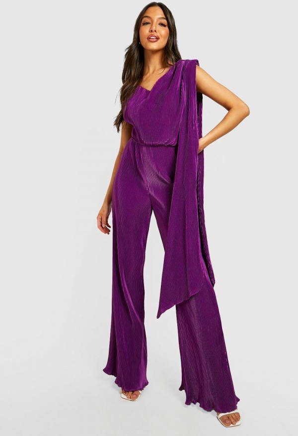 boohoo Geplooide Wide Leg Jumpsuit Met Gedrapeerde Mouwen, Purple