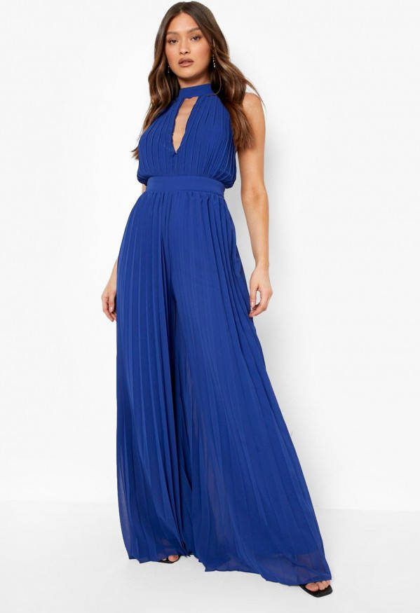 boohoo Geplooide Wide Leg Jumpsuit Met Uitsnijding En Hoge Hals, Navy