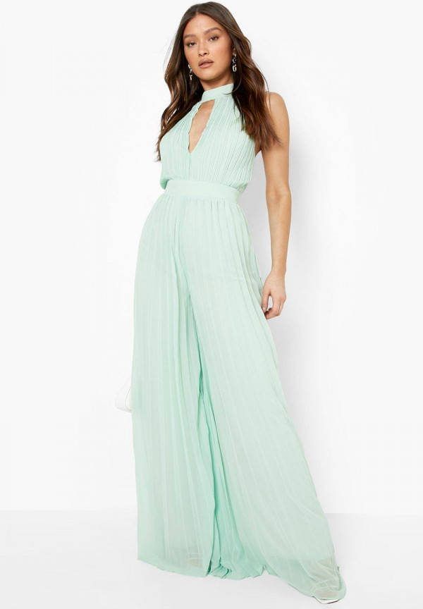 boohoo Geplooide Wide Leg Jumpsuit Met Uitsnijding En Hoge Hals, Sage