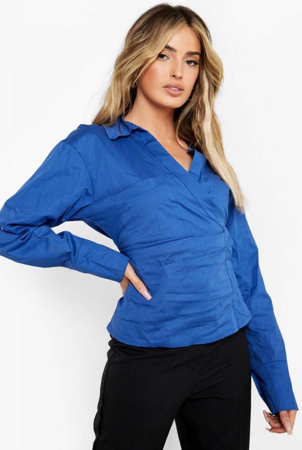 boohoo Geplooide Wikkel Blouse, Cobalt
