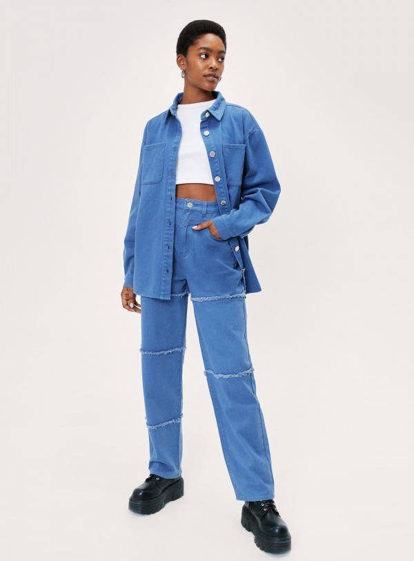 boohoo Gerafelde Jeans Met Rechte Pijpen En Panelen, True Blue
