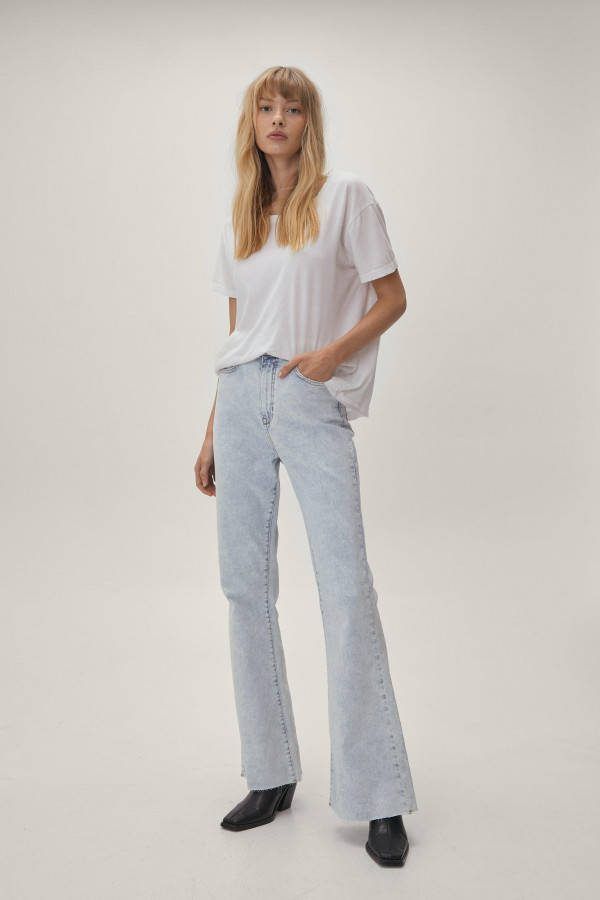 boohoo Gerecyclede Flared High Waist Jeans, Light Blue
