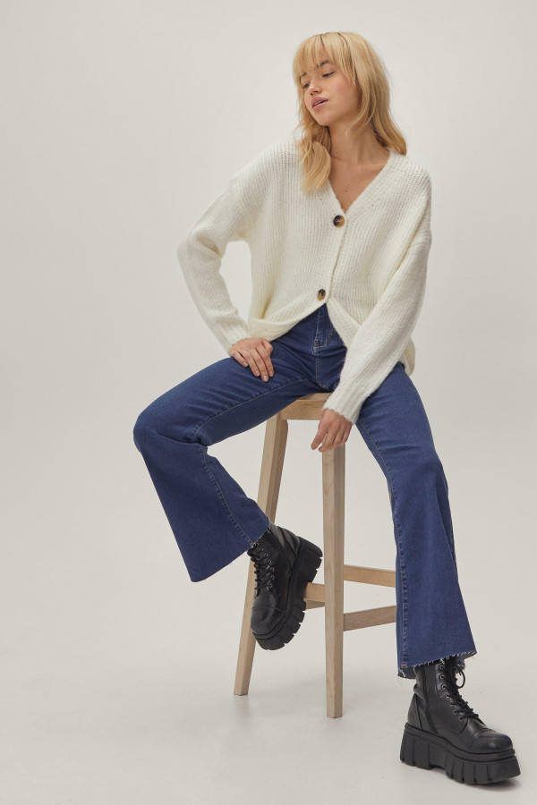 boohoo Gerecyclede Flared High Waist Jeans, Mid Blue