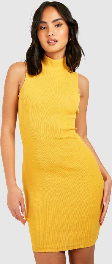 boohoo Gerecyclede Geribbelde Bodycon Jurk Met Hoge Hals, Mustard