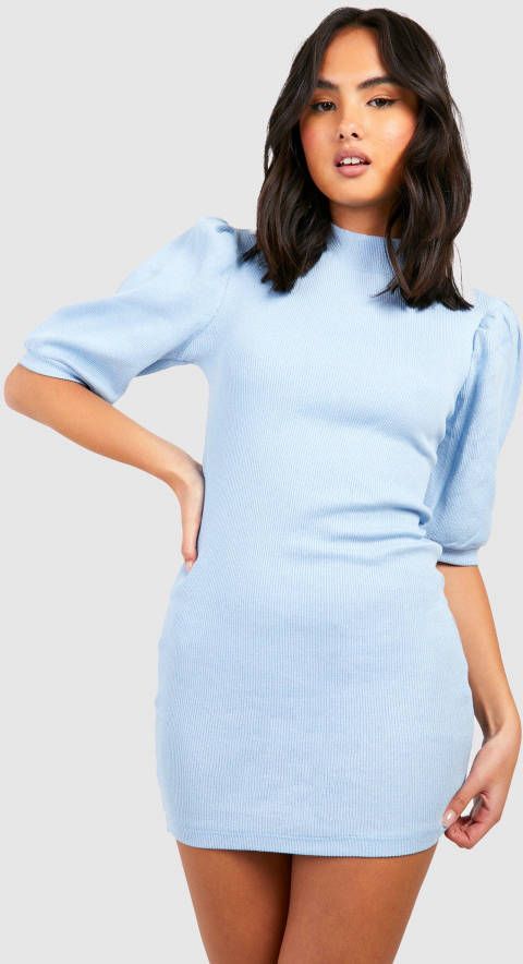 boohoo Gerecyclede Geribbelde Jurk Met Hoge Hals En Pofmouwen, Aqua
