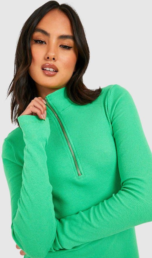 boohoo Gerecyclede Geribbelde Jurk Met Hoge Hals En Rits, Green