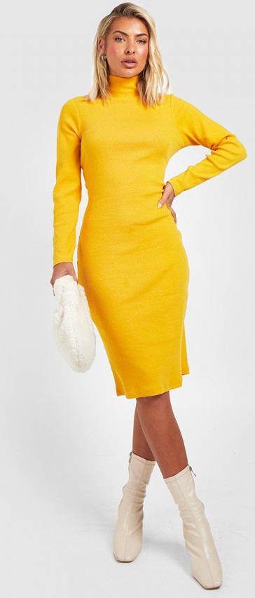 boohoo Gerecyclede Geribbelde Midi Jurk Met Hoge Hals, Mustard