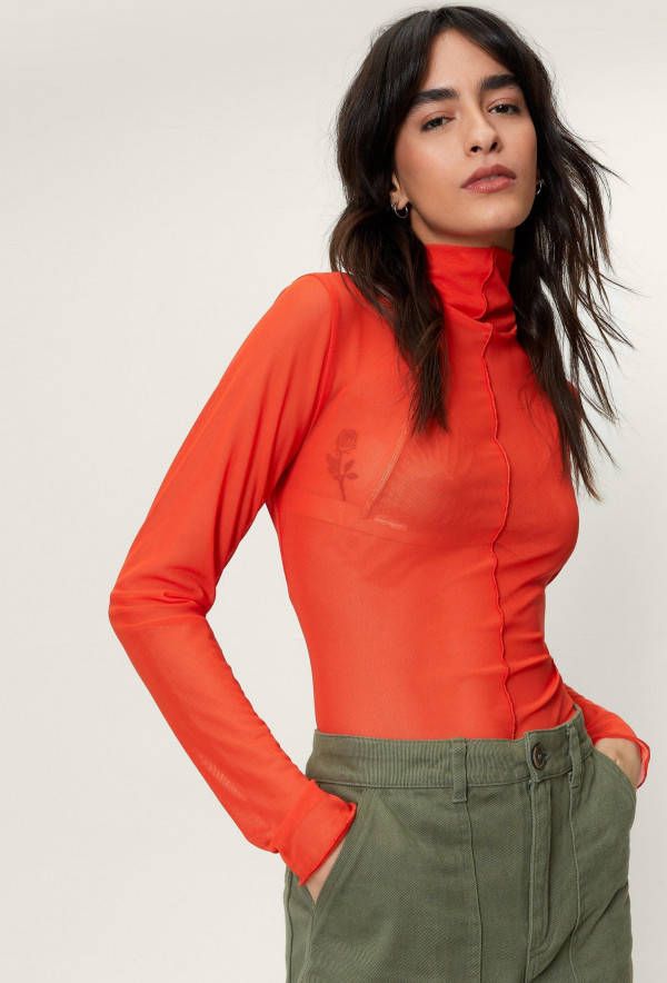 boohoo Gerecyclede Mesh Top Met Hoge Kraag En Naaddetai, Orange