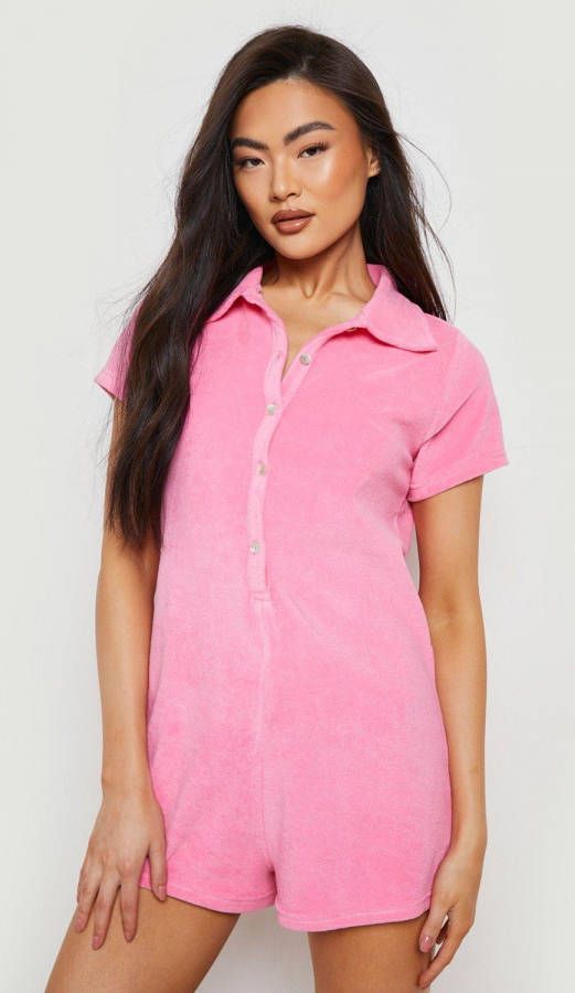 boohoo Geribbelde Badstoffen Lounge Romper, Pink