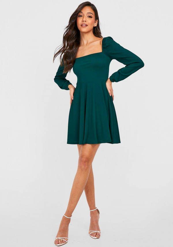 boohoo Geribbelde Basic Skater Jurk Met Vierkante Hals, Forest