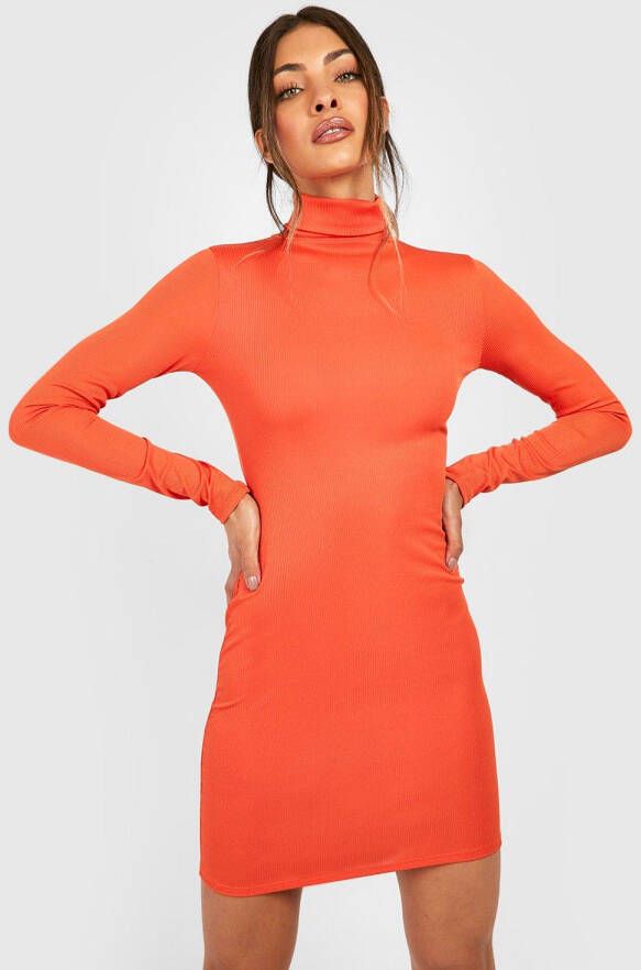 boohoo Geribbelde Bodycon Jurk Met Hoge Hals, Orange