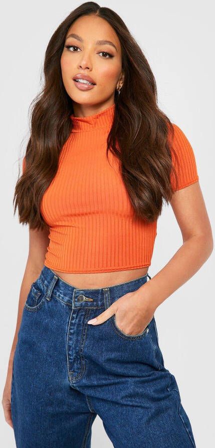 boohoo Geribbelde Crop Top Met Korte Mouwen En Hoge Hals, Burnt Orange